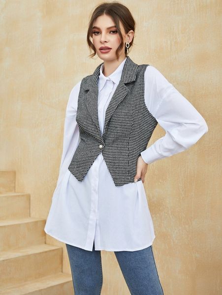 houndstooth single button vest blazer z2ie#, White