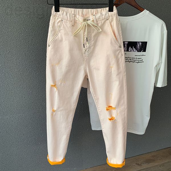 men's jeans designer spring and summer elastic waist jeans men's fashion brand hole nine point pants white micro harlan small foot, Blue
men's jeans designer spring and summer elastic waist jeans men's fashion brand hole nine point pants white micro harlan small foot, Blue