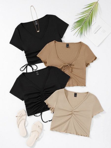 4pcs drawstring lettuce trim ruched tee c9hp#, White