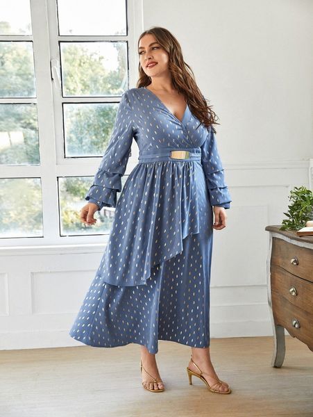 plus gold polka dotted surplice neck layered sleeve a-line dress t4r6#, Black
plus gold polka dotted surplice neck layered sleeve a-line dress t4r6#, Black