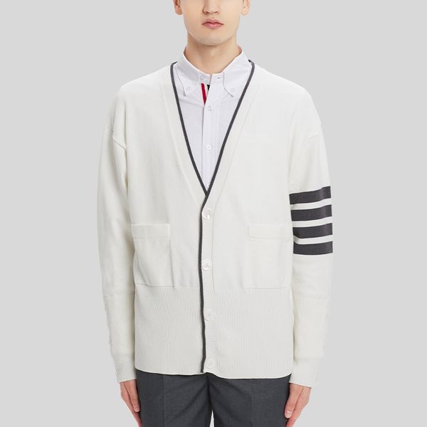 tb men's sweaters autunm winter fashion brand women's sweater mosaic stripes merino wool size 4-bar milano stitch v-neck cardigan, White;black
tb men's sweaters autunm winter fashion brand women's sweater mosaic stripes merino wool size 4-bar milano stitch v-neck cardigan, White;black