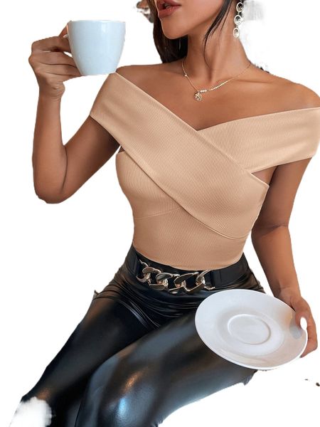 ribbed knit bardot crossover k66x#, White