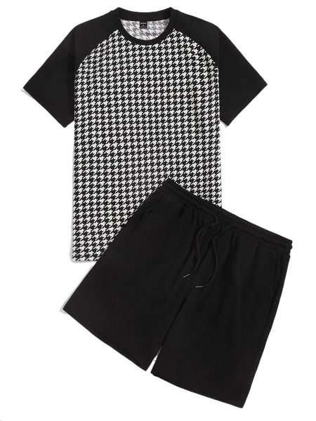 men colorblock houndstooth print tee & drawstring waist track shorts set x50m#, Gray
men colorblock houndstooth print tee & drawstring waist track shorts set x50m#, Gray