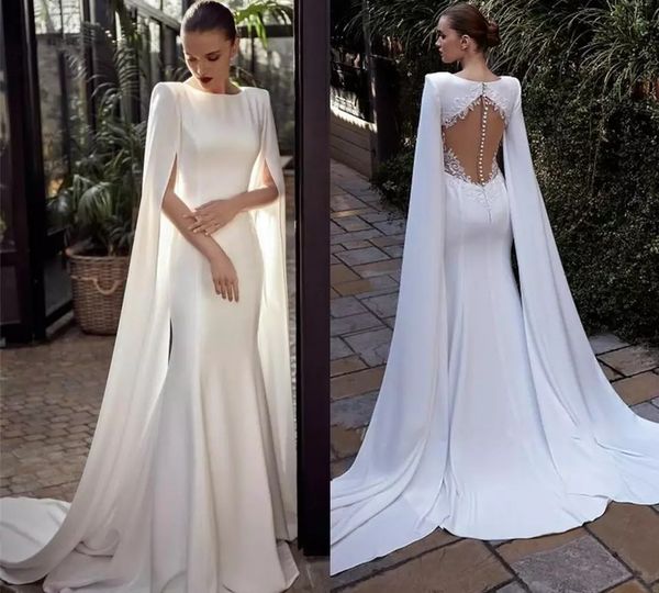 elegant mermaid wedding dresses long cap sleeves lace appliques illusiuon back beach bridal gowns simple vestidos de novia 2022 mariage, White