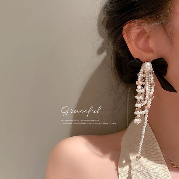 925 silver needle korean exaggerated fabric bow pearl earrings mori style long pearl tassel eardrop earring women, Golden
925 silver needle korean exaggerated fabric bow pearl earrings mori style long pearl tassel eardrop earring women, Golden