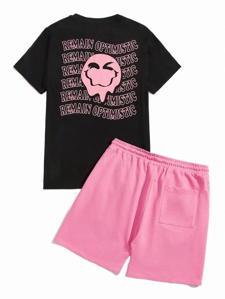 men slogan & expression print tee & patched pocket shorts a3we#, Gray 
men slogan & expression print tee & patched pocket shorts a3we#, Gray