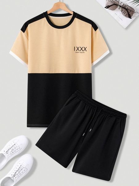men letter graphic drop shoulder colorblock tee & drawstring waist track shorts e7bm#, Gray
men letter graphic drop shoulder colorblock tee & drawstring waist track shorts e7bm#, Gray