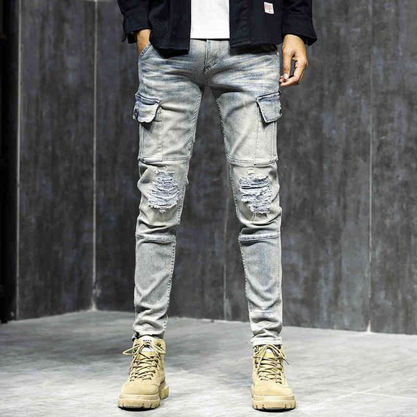 new multi pocket stitched motorcycle jeans tide brand men's slim fitting nostalgic elastic hole beggar pants, Blue
new multi pocket stitched motorcycle jeans tide brand men's slim fitting nostalgic elastic hole beggar pants, Blue