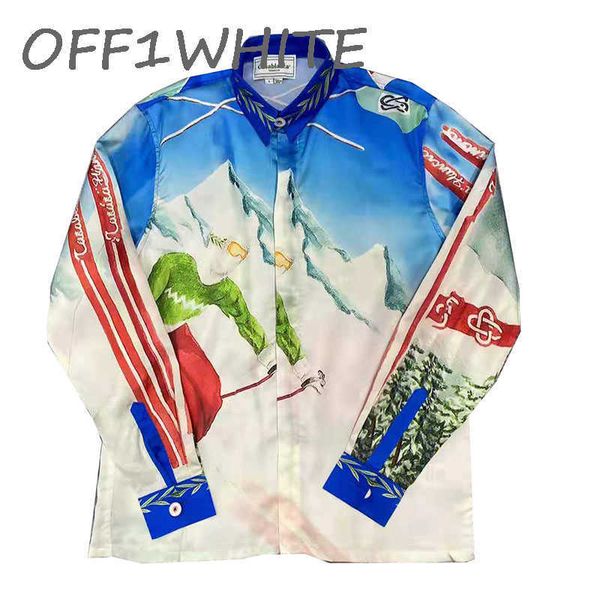 21ss high version style casablanca snow mountain ski tide men's and women's silk long sleeve shirt, White;black 
21ss high version style casablanca snow mountain ski tide men's and women's silk long sleeve shirt, White;black