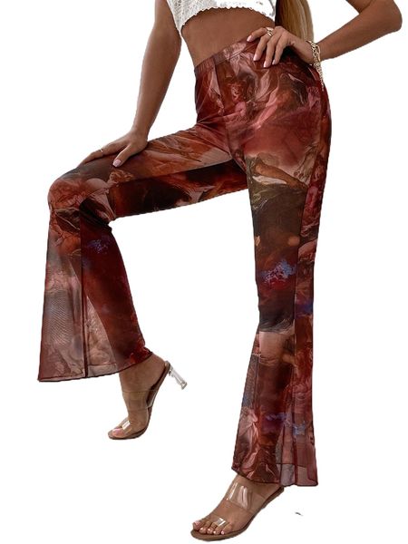 sxy figure graphic mesh flare leg pants e8zp#, Black;white