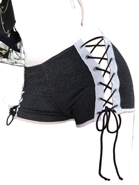contrast binding tape side grommet lace up side biker shorts s5uw#, White;black