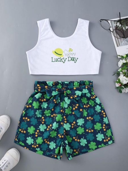 girls clover & slogan graphic tank & paper bag waist belted shorts she, White