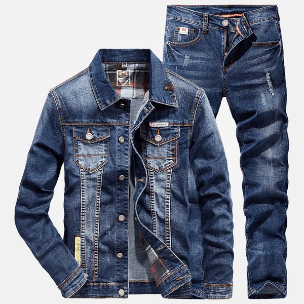 men's tracksuits fashion slim sets spring autumn dark blue denim cotton long sleeve jacket + ripped hole jeans couple two piece set, Gray
men's tracksuits fashion slim sets spring autumn dark blue denim cotton long sleeve jacket + ripped hole jeans couple two piece set, Gray