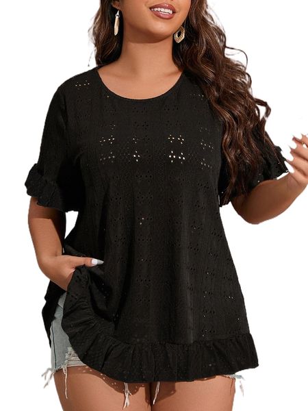 plus flounce sleeve ruffle hem schiffy tee l4lt#, Black