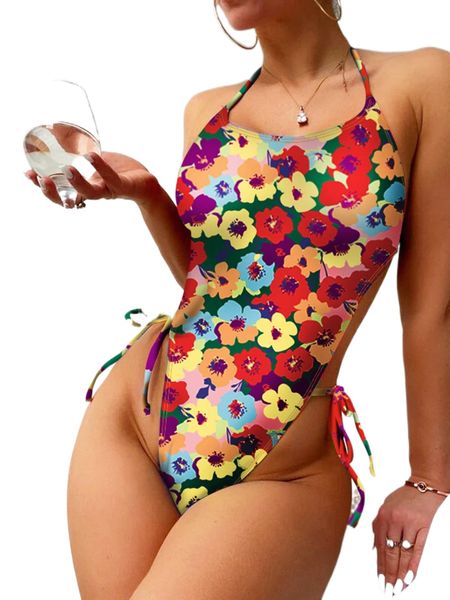 floral cut-out halter one piece swimsuit d4uh#, White;black 
floral cut-out halter one piece swimsuit d4uh#, White;black