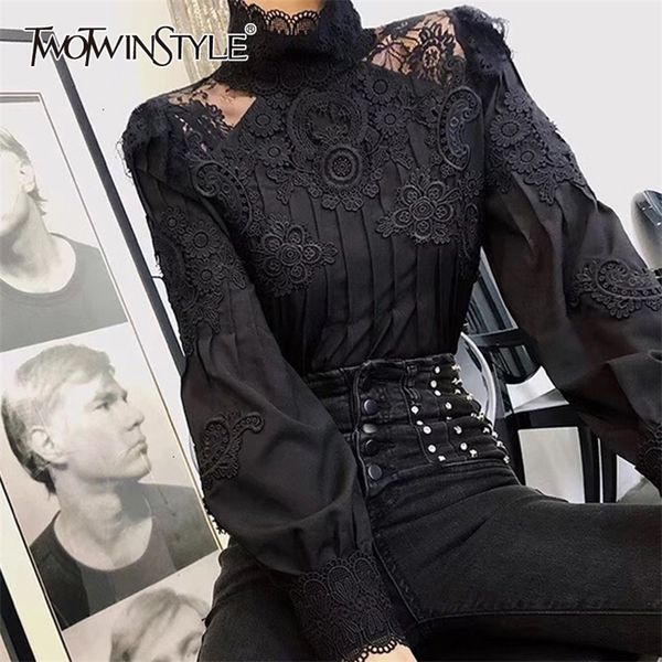 twotwinstyle casual patchwork lace hollow out women's shirt stand collar puff long sleeve ruched slim blouse female clothing 210226, Black;gray
twotwinstyle casual patchwork lace hollow out women's shirt stand collar puff long sleeve ruched slim blouse female clothing 210226, Black;gray