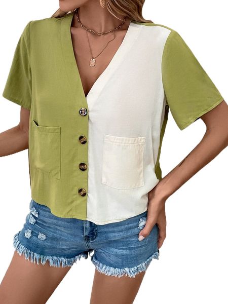 two tone dual pocket blouse q7pr#, White