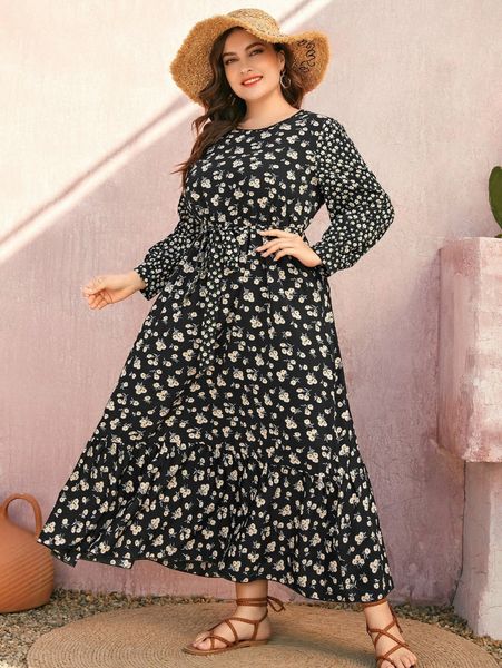 plus ditsy floral print ruffle hem belted dress h7fq#, Black
plus ditsy floral print ruffle hem belted dress h7fq#, Black