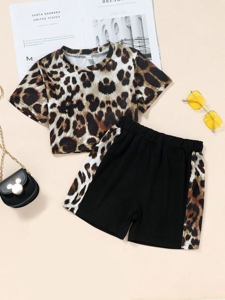 girls leopard print tee & side stripe shorts she, White 
girls leopard print tee & side stripe shorts she, White