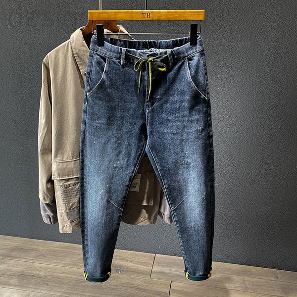 men's jeans designer elastic waist jeans men's lace up fashion brand slim fit small feet korean version elastic trend harlan print, Blue
men's jeans designer elastic waist jeans men's lace up fashion brand slim fit small feet korean version elastic trend harlan print, Blue