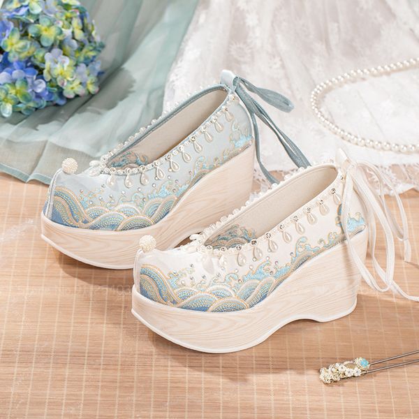 women cheongsam hanfu high-heeled embroidered shoes chinese style ancient fairy cosplay ankle boots pearl lace-up cloth shoes, Black
women cheongsam hanfu high-heeled embroidered shoes chinese style ancient fairy cosplay ankle boots pearl lace-up cloth shoes, Black