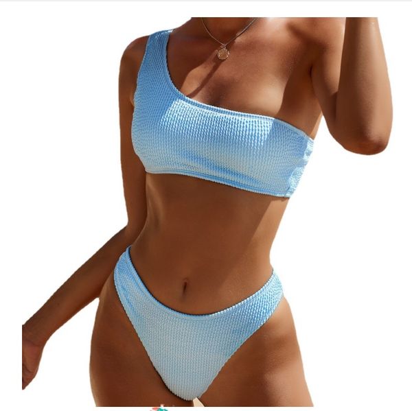 one shoulder bikini textured swimwear women 2022 high cut swimsuit women bathing suits solid brazilian bikinis set, White;black 
one shoulder bikini textured swimwear women 2022 high cut swimsuit women bathing suits solid brazilian bikinis set, White;black
