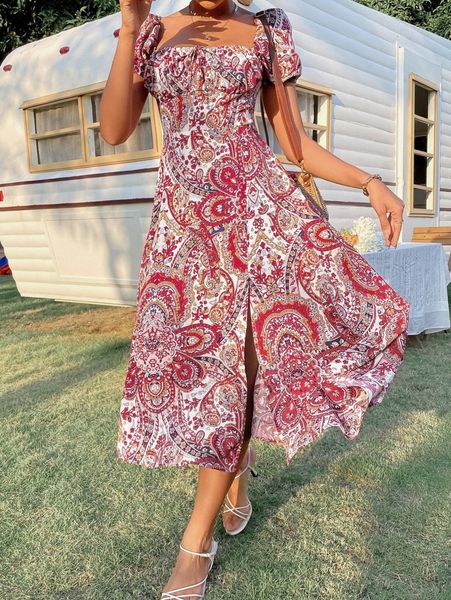 floral & paisley print square neck knot front puff sleeve split thigh dress g9qg#, Black;gray
floral & paisley print square neck knot front puff sleeve split thigh dress g9qg#, Black;gray