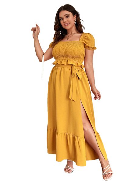 plus puff sleeve shirred & skirt set v0db#, Black