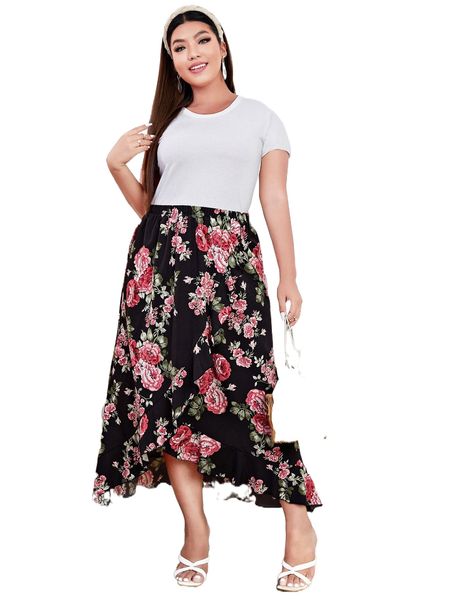 plus floral print ruffle trim wrap hem skirt g4cl#, Black
plus floral print ruffle trim wrap hem skirt g4cl#, Black