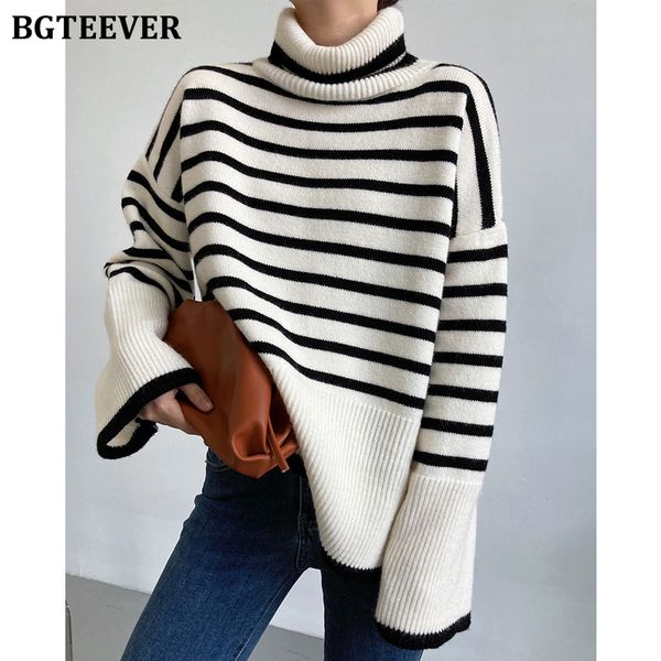 vintage turtleneck striped women sweaters pullovers autumn winter long sleeve loose side split female knitted 2021, White;black
vintage turtleneck striped women sweaters pullovers autumn winter long sleeve loose side split female knitted 2021, White;black