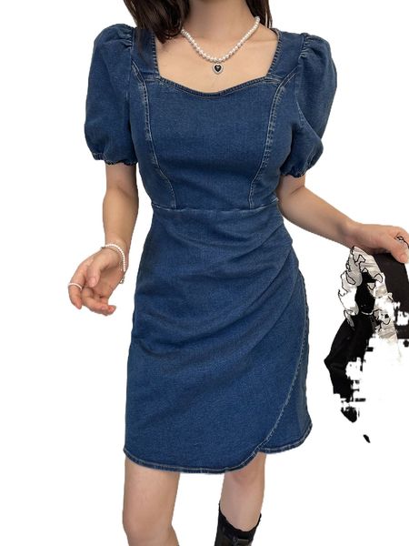 dazy sweetheart neck puff sleeve wrap hem denim dress o9lx#, Black;gray 
dazy sweetheart neck puff sleeve wrap hem denim dress o9lx#, Black;gray