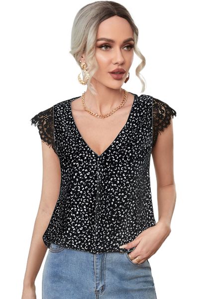 contrast lace allover print v neck blouse u0gu#, White 
contrast lace allover print v neck blouse u0gu#, White