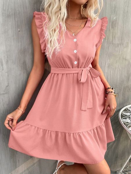 quarter button ruffle hem belted dress n072#, Black;gray