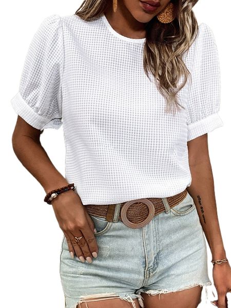 puff sleeve keyhole back blouse g3nl#, White