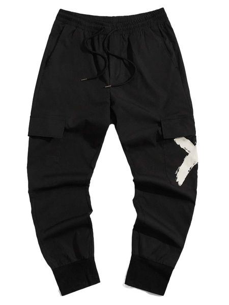 men brush print drawstring waist pants x040#, Black
men brush print drawstring waist pants x040#, Black