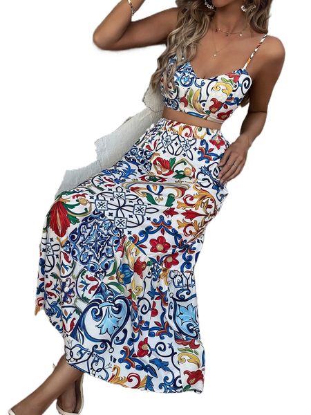 floral & geo print shirred cami & skirt i9sk#, White