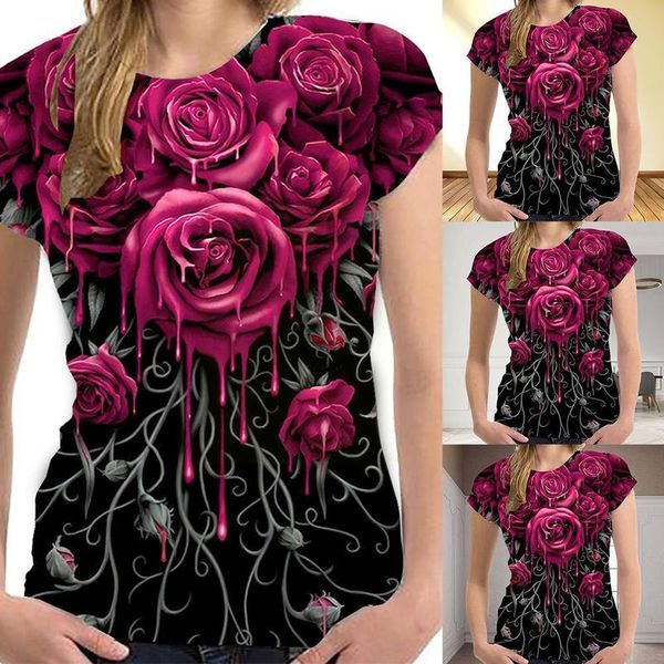 

kaus bunga wanita mode mawar baru atasan longgar lehero lengan pendek kasual untuk pria tshirt mode gambar cetak besar 3d 220613, Black