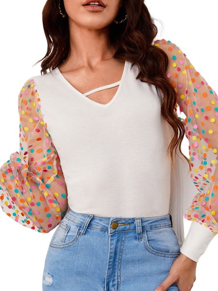 keyhole neck polka dot mesh lantern sleeve d9d4#, White
keyhole neck polka dot mesh lantern sleeve d9d4#, White