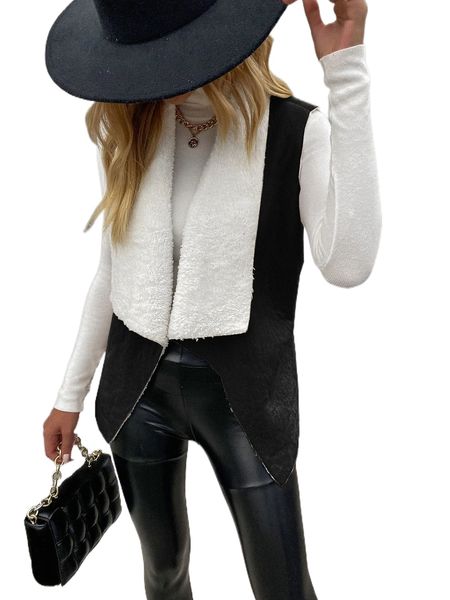 teddy lined waterfall collar open front suede coat w1pr#, Black