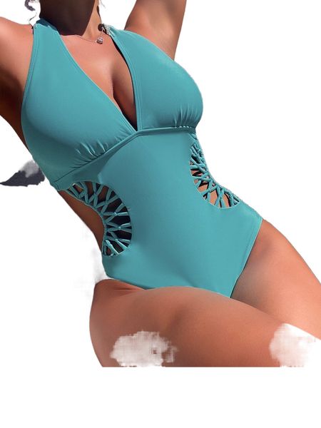 cut-out side plunging one piece swimsuit t1td#, White;black