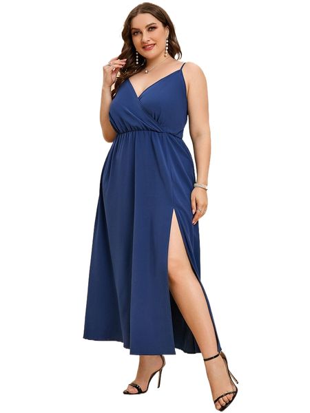 plus solid surplice neck split thigh dress h2c5#, Black 
plus solid surplice neck split thigh dress h2c5#, Black