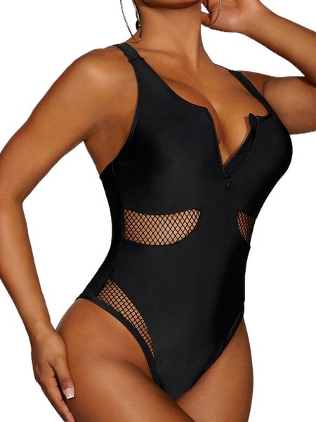 contrast fishnet zip front one piece swimsuit q52h#, White;black