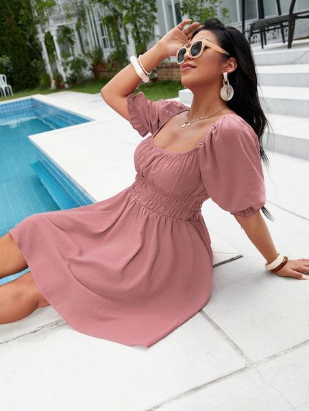plus scoop neck puff sleeve dress m4se#, Black