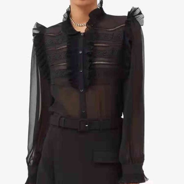 women's polos sp spring and summer black perspective bow with fungus edge temperament long sleeve chiffon shirt top, White
women's polos sp spring and summer black perspective bow with fungus edge temperament long sleeve chiffon shirt top, White
