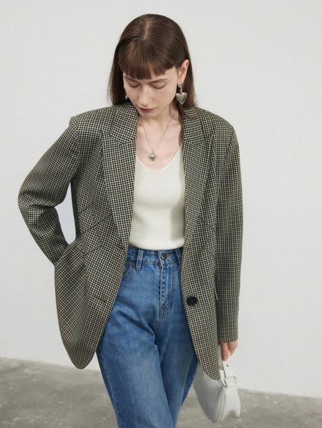 plaid single button blazer w7bu#, White