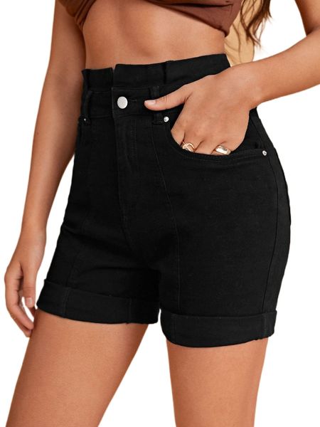 paperbag waist roll hem slant pocket denim shorts p55i#, White;black