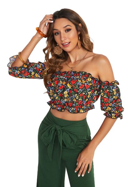 floral print off shoulder frill trim crop n97b#, White