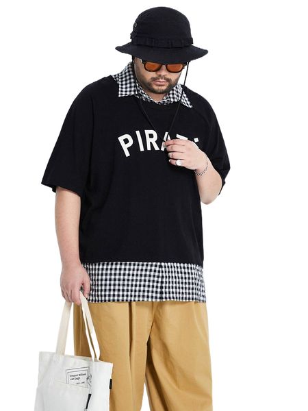 men gingham & letter graphic raglan sleeve 2 in 1 polo shirt g5lu#, White;black 
men gingham & letter graphic raglan sleeve 2 in 1 polo shirt g5lu#, White;black