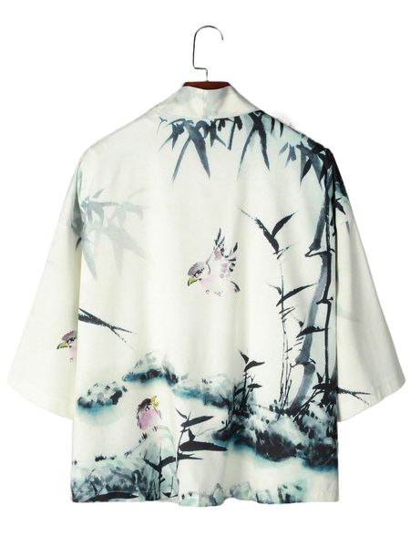 men bird & bamboo print drop shoulder open front shirt without tee v2pj#, White;black
men bird & bamboo print drop shoulder open front shirt without tee v2pj#, White;black