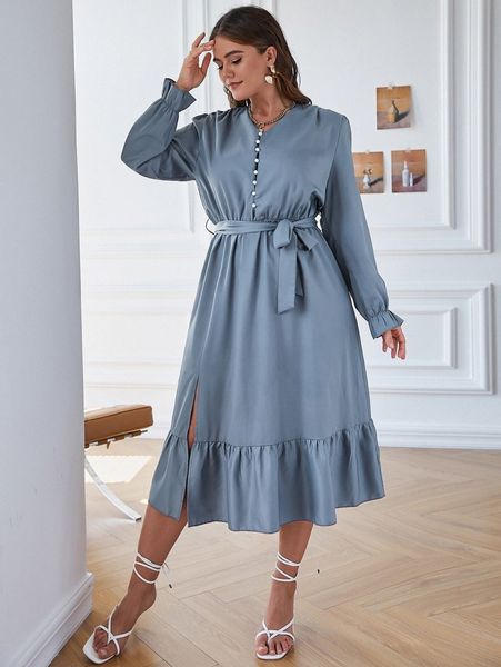 simplee plus flounce sleeve ruffle hem split thigh belted dress j74b#, Black
simplee plus flounce sleeve ruffle hem split thigh belted dress j74b#, Black